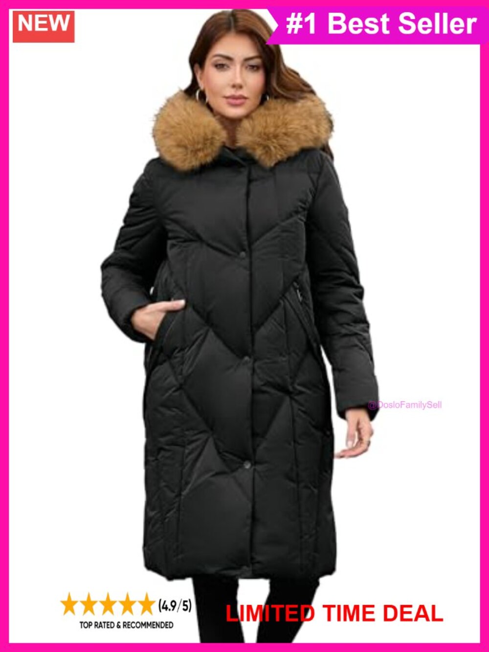 Long Puffer Coat with Detachable Faux Fur Collar Diamond Quilted Winter Jacket
